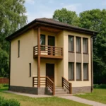 Проект дома «Т-89» из СИП-панелей, 89 м² — двухэтажный дом с бежевым фасадом, коричневой крышей и балконом | HotWell.KZ