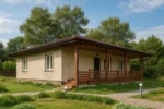 Проект дома «Т-91» из СИП-панелей, 91 м² — одноэтажный дом с бежевым фасадом, коричневой крышей и террасой | HotWell.KZ