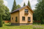 Проект дома «У-100» из СИП-панелей, 100 м² — двухэтажный дом с жёлтым фасадом и коричневой крышей | HotWell.KZ