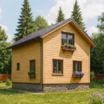 Проект дома «У-100» из СИП-панелей, 100 м² — двухэтажный дом с жёлтым фасадом и коричневой крышей | HotWell.KZ