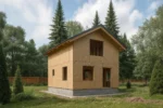 Дом «У-100», 100 м², 1.5 этажа, в черновой отделке: коробка из СИП-панелей OSB-3, двускатная кровля из металлочерепицы, проёмы без окон и дверей, в проёмах видны сосновые балки перекрытия