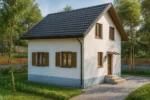 Проект дома «У-104» из СИП-панелей, 104 м² — двухэтажный дом с белым фасадом, черной крышей и крыльцом | HotWell.KZ