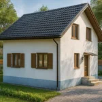 Проект дома «У-104» из СИП-панелей, 104 м² — двухэтажный дом с белым фасадом, черной крышей и крыльцом | HotWell.KZ