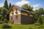 Проект дома «У-104Б» из СИП-панелей, 104 м² — двухэтажный дом с коричневым фасадом, серой крышей и деревянным крыльцом | HotWell.KZ
