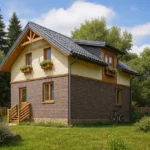 Проект дома «У-104Б» из СИП-панелей, 104 м² — двухэтажный дом с коричневым фасадом, серой крышей и деревянным крыльцом | HotWell.KZ