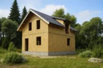Дом «У-104Б», 104 м², 1.5 этажа, в черновой отделке: коробка из СИП-панелей OSB-3, двускатная кровля из металлочерепицы, проёмы без окон и дверей, в проёмах видны сосновые балки перекрытия