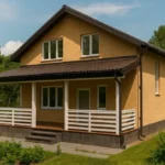 Проект дома «У-131» из СИП-панелей, 131 м² — двухэтажный дом с бежевым фасадом, коричневой крышей и террасой | HotWell.KZ