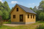 Дом «У-144», 144 м², 1.5 этажа, в черновой отделке: коробка из СИП-панелей OSB-3, двускатная кровля из металлочерепицы, проёмы без окон и дверей, в проёмах видны сосновые балки перекрытия