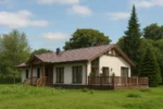 Проект дома «У-151» из СИП-панелей, 151 м² — одноэтажный дом с белым фасадом, коричневой крышей и террасой | HotWell.KZ