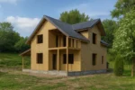 Дом «У-156», 156 м², 1.5 этажа, в черновой отделке: коробка из СИП-панелей OSB-3, двускатная кровля из металлочерепицы, проёмы без окон и дверей, в проёмах видны сосновые балки перекрытия