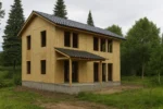 Дом «У-158», 171 м², 2 этажа, в черновой отделке: коробка из СИП-панелей OSB-3, двускатная кровля из металлочерепицы, проёмы без окон и дверей, в проёмах видны сосновые балки перекрытия