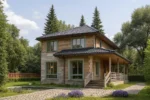 Проект дома «У-160» из СИП-панелей, 160 м² — двухэтажный дом с бежевым фасадом, черной крышей и крытой террасой | HotWell.KZ