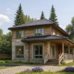 Проект дома «У-160» из СИП-панелей, 160 м² — двухэтажный дом с бежевым фасадом, черной крышей и крытой террасой | HotWell.KZ