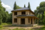 Дом «У-160», 160 м², 2 этажа, в черновой отделке: коробка из СИП-панелей OSB-3, вальмовая кровля из металлочерепицы, проёмы без окон и дверей, в проёмах видны сосновые балки перекрытия