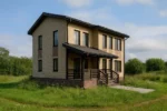 Проект дома «У-161» из СИП-панелей, 161 м² — двухэтажный дом с бежевым фасадом, серой крышей и крытым крыльцом | HotWell.KZ