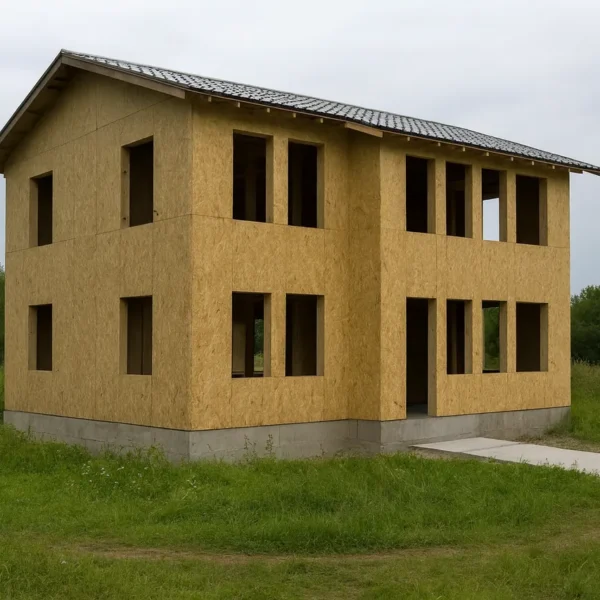 Дом «У-161», 161 м², 2 этажа, в черновой отделке: коробка из СИП-панелей OSB-3, двускатная кровля из металлочерепицы, проёмы без окон и дверей, в проёмах видны сосновые балки перекрытия