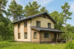 Проект дома «У-173» из СИП-панелей, 173 м² — двухэтажный дом с бежевым фасадом, серой крышей и террасой | HotWell.KZ