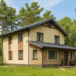 Проект дома «У-173» из СИП-панелей, 173 м² — двухэтажный дом с бежевым фасадом, серой крышей и террасой | HotWell.KZ