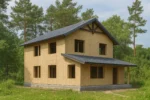 Дом «У-173», 173 м², 2 этажа, в черновой отделке: коробка из СИП-панелей OSB-3, двускатная кровля из металлочерепицы, проёмы без окон и дверей, в проёмах видны сосновые балки перекрытия