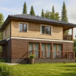 Проект дома «У-189» из СИП-панелей, 189 м² — двухэтажный дом с коричневым фасадом, черной крышей и балконом | HotWell.KZ