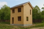 Дом «У-66», 66 м², 2 этажа, в черновой отделке: коробка из СИП-панелей OSB-3, двускатная кровля из металлочерепицы, проёмы без окон и дверей, в проёмах видны сосновые балки перекрытия