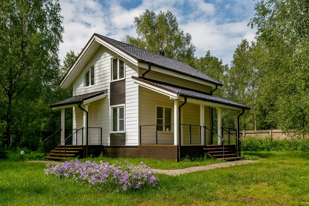 Проект дома «У-81» Проект дома «У-81» из СИП-панелей, 81 м² — двухэтажный дом с белым фасадом, черной крышей и крытой террасой | HotWell.KZ