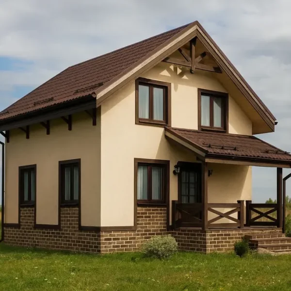 Проект дома «У-98» из СИП-панелей, 98 м² — двухэтажный дом с бежевым фасадом, коричневой крышей и крыльцом | HotWell.KZ