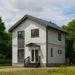 Проект дома «В-104» из СИП-панелей, 104 м² — двухэтажный дом с белым фасадом, серой крышей и крытым крыльцом | HotWell.KZ