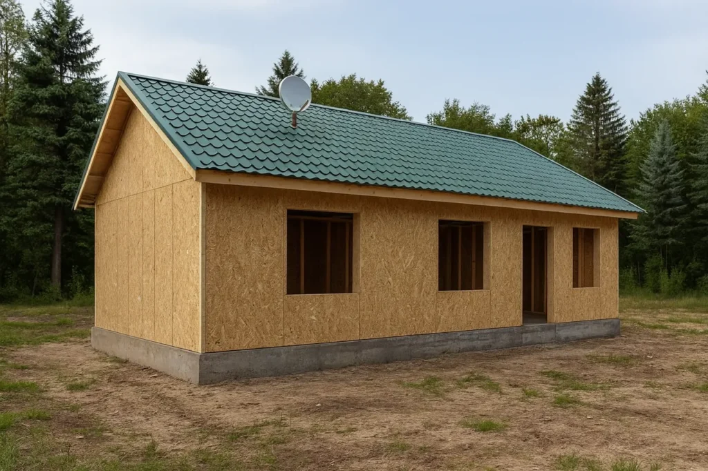 Дом «В-106», 106 м², 1 этаж, в черновой отделке: коробка из СИП-панелей OSB-3, двускатная кровля из металлочерепицы, проёмы без окон и дверей