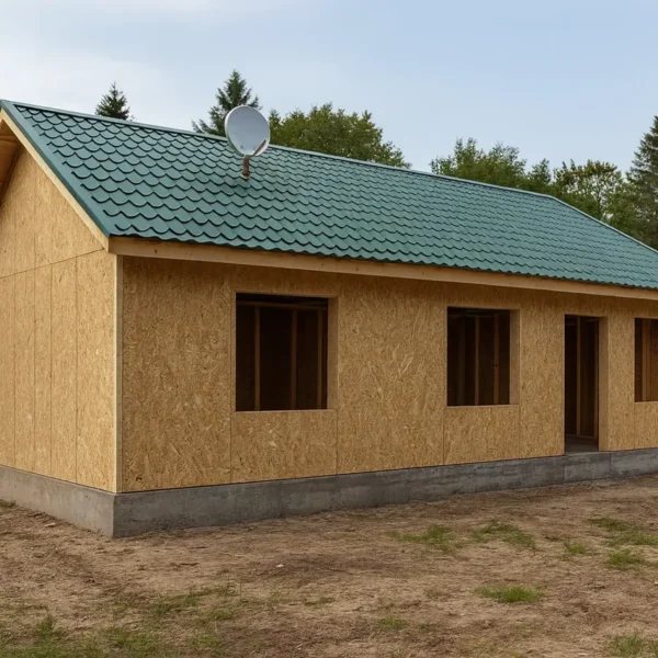 Дом «В-106», 106 м², 1 этаж, в черновой отделке: коробка из СИП-панелей OSB-3, двускатная кровля из металлочерепицы, проёмы без окон и дверей