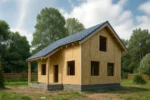 Дом «В-109Б», 109 м², 1.5 этажа, в черновой отделке: коробка из СИП-панелей OSB-3, двускатная кровля из металлочерепицы, проёмы без окон и дверей, в проёмах видны сосновые балки перекрытия
