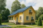 Проект дома «В-109В» из СИП-панелей, 109 м² — двухэтажный дом с жёлтым фасадом, синей крышей и террасой | HotWell.KZ