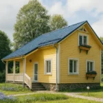 Проект дома «В-109В» из СИП-панелей, 109 м² — двухэтажный дом с жёлтым фасадом, синей крышей и террасой | HotWell.KZ