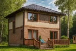 Проект дома «В-112Б» из СИП-панелей, 112 м² — двухэтажный дом с кирпичным фасадом, черной крышей и террасой | HotWell.KZ