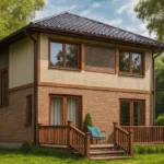 Проект дома «В-112Б» из СИП-панелей, 112 м² — двухэтажный дом с кирпичным фасадом, черной крышей и террасой | HotWell.KZ