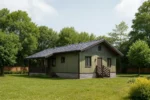 Проект дома «В-116» из СИП-панелей, 116 м² — одноэтажный дом с зелёным фасадом, серой крышей и крытой террасой | HotWell.KZ