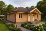 Проект дома «В-120» из СИП-панелей, 120 м² — одноэтажный дом с кирпичным фасадом, коричневой крышей и крытым крыльцом | HotWell.KZ