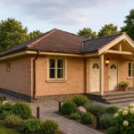 Проект дома «В-120» из СИП-панелей, 120 м² — одноэтажный дом с кирпичным фасадом, коричневой крышей и крытым крыльцом | HotWell.KZ