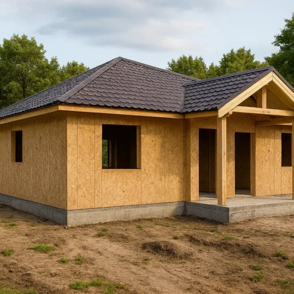 Дом «В-120», 120 м², 1 этаж, в черновой отделке: коробка из СИП-панелей OSB-3, вальмовая кровля из металлочерепицы, проёмы без окон и дверей