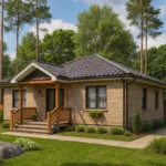 Проект дома «В-120Б» из СИП-панелей, 120 м² — одноэтажный дом с кирпичным фасадом, черной крышей и крытым крыльцом | HotWell.KZ