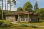 Проект дома «В-123» из СИП-панелей, 123 м² — одноэтажный дом с кирпичным фасадом, коричневой крышей и крыльцом | HotWell.KZ
