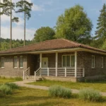 Проект дома «В-123» из СИП-панелей, 123 м² — одноэтажный дом с кирпичным фасадом, коричневой крышей и крыльцом | HotWell.KZ