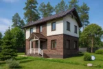 Проект дома «В-124» из СИП-панелей, 124 м² — двухэтажный дом с коричневым фасадом, белым крыльцом и темной крышей | HotWell.KZ