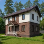 Проект дома «В-124» из СИП-панелей, 124 м² — двухэтажный дом с коричневым фасадом, белым крыльцом и темной крышей | HotWell.KZ