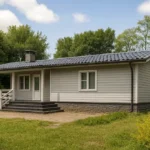 Проект дома «В-124Б» из СИП-панелей, 124 м² — одноэтажный дом с серым фасадом, черной крышей и крытым крыльцом | HotWell.KZ