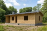 Дом «В-124Б», 124 м², 1 этаж, в черновой отделке: коробка из СИП-панелей OSB-3, двускатная кровля из металлочерепицы, проёмы без окон и дверей