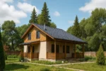 Проект дома «В-131» из СИП-панелей, 131 м² — двухэтажный дом с бежевым фасадом, синей крышей и террасой | HotWell.KZ