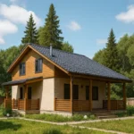 Проект дома «В-131» из СИП-панелей, 131 м² — двухэтажный дом с бежевым фасадом, синей крышей и террасой | HotWell.KZ
