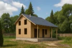 Дом «В-131», 131 м², 1.5 этажа, в черновой отделке: коробка из СИП-панелей OSB-3, двускатная кровля из металлочерепицы, проёмы без окон и дверей, в проёмах видны сосновые балки перекрытия