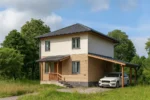 Проект дома «В-131Б» из СИП-панелей, 131 м² — двухэтажный дом с бежевым фасадом, серой крышей и навесом для машины | HotWell.KZ